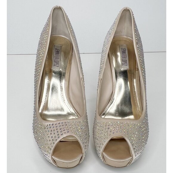 JENNIFER LOPEZ Iridescent Peep Toe Blush Gems Stiletto Heels 10 - Picture 2 of 9